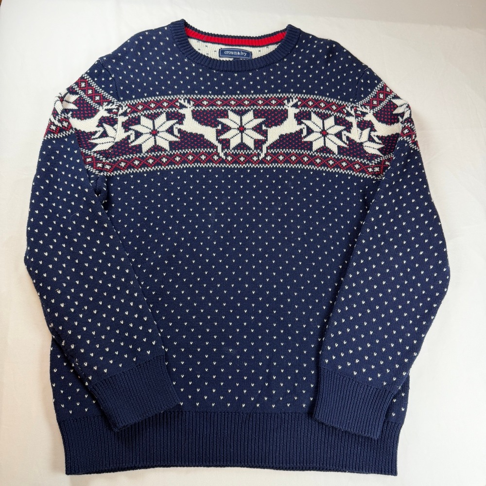 Crown & Ivy Mens Large Navy Blue Fair Isle Reindeer Snowflake Cotton Sweater